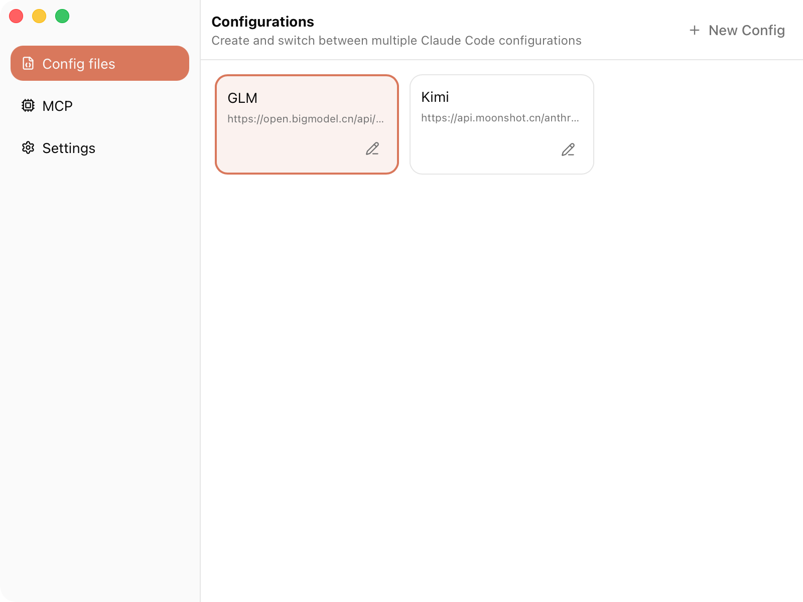 CC Mate application interface showing config switcher