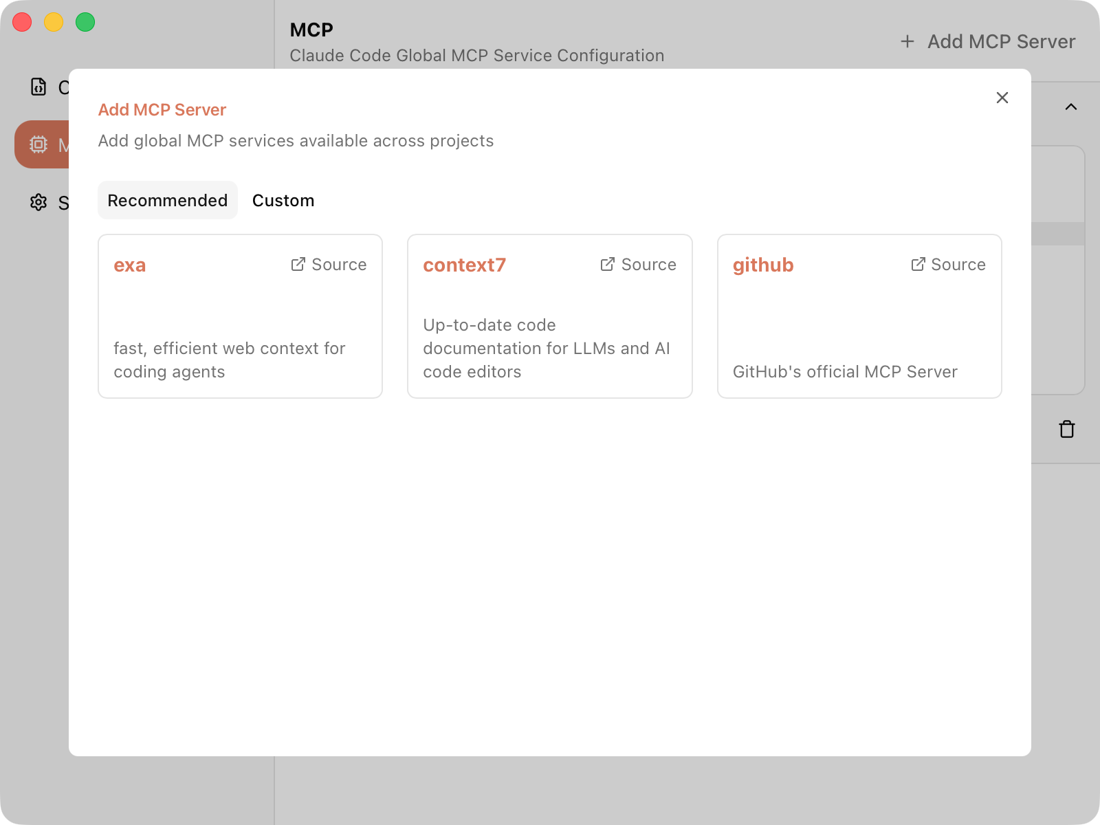 CC Mate application interface showing MCP management